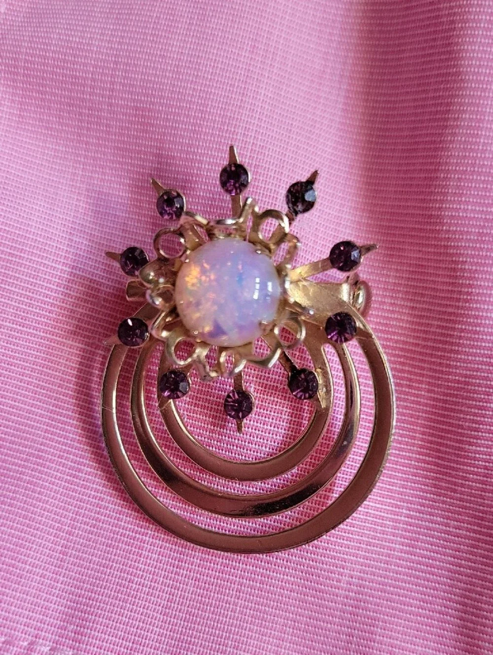 Gold-Tone Opal Center Brooch with Purple Accent Stones - Women Jewelry